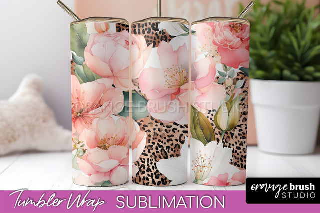 Floral Tumbler Wrap - Pink Flowers Watercolor Tumbler PNG Sublimation OrangeBrushStudio 