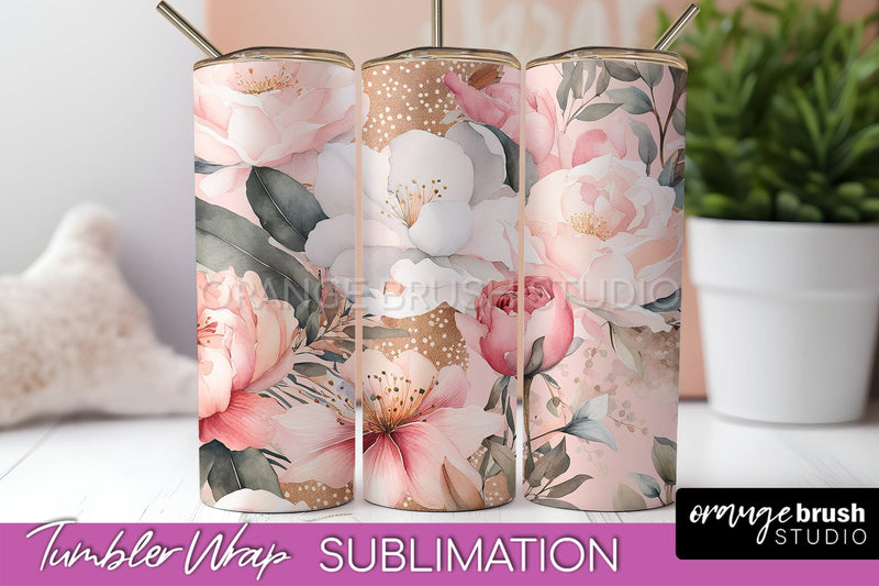 Floral Tumbler Wrap - Pink Flowers Watercolor Tumbler PNG Sublimation OrangeBrushStudio 