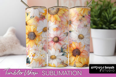 Floral Tumbler Wrap - Pink Flowers Watercolor Tumbler PNG Sublimation OrangeBrushStudio 