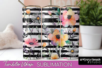 Floral Tumbler Wrap - Pink Flowers Watercolor Tumbler PNG Sublimation OrangeBrushStudio 