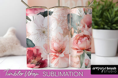 Floral Tumbler Wrap - Pink Flowers Watercolor Tumbler PNG Sublimation OrangeBrushStudio 