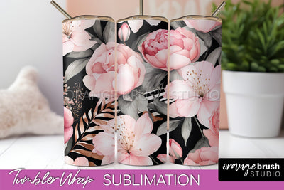 Floral Tumbler Wrap - Pink Flowers Watercolor Tumbler PNG Sublimation OrangeBrushStudio 