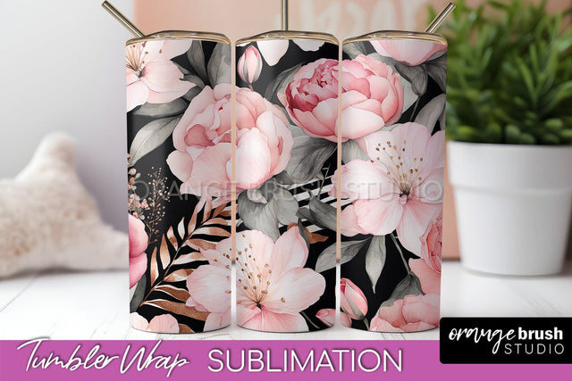 Floral Tumbler Wrap - Pink Flowers Watercolor Tumbler PNG Sublimation OrangeBrushStudio 