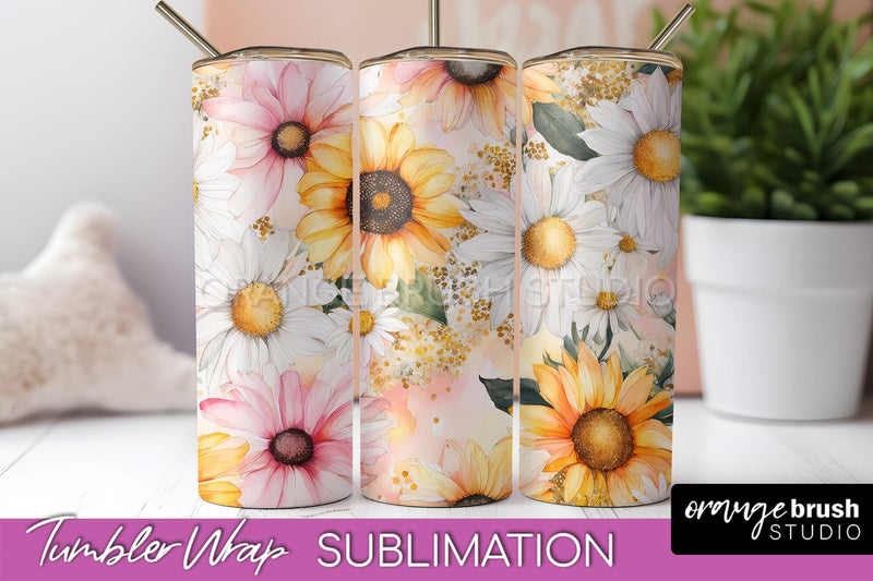 Floral Tumbler Wrap - Pink Flowers Watercolor Tumbler PNG Sublimation OrangeBrushStudio 