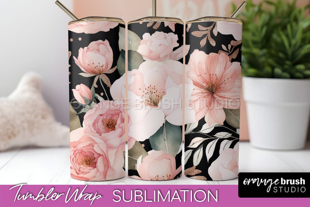 Floral Tumbler Wrap - Pink Flowers Watercolor Tumbler PNG Sublimation OrangeBrushStudio 