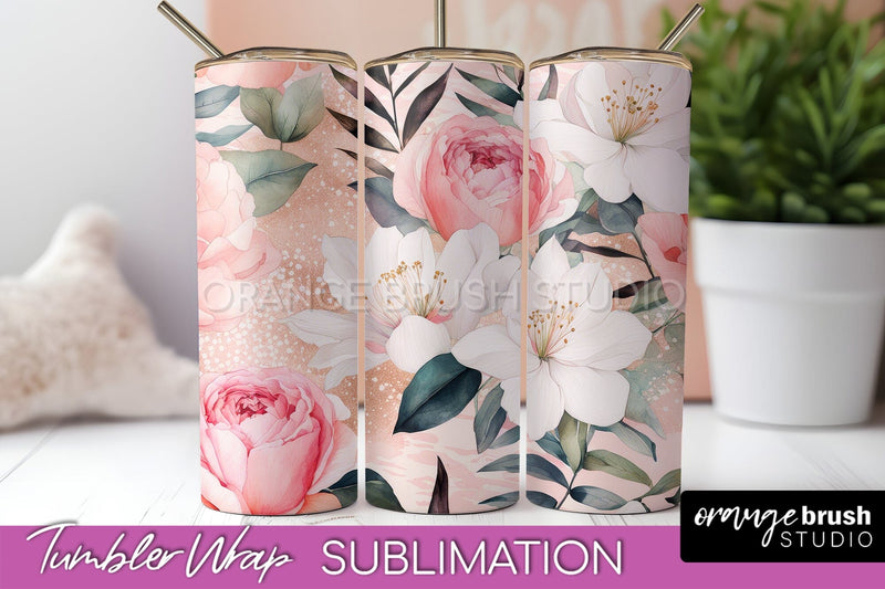 Floral Tumbler Wrap - Pink Flowers Watercolor Tumbler PNG Sublimation OrangeBrushStudio 