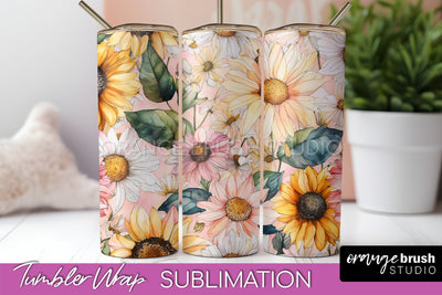Floral Tumbler Wrap - Pink Flowers Watercolor Tumbler PNG Sublimation OrangeBrushStudio 