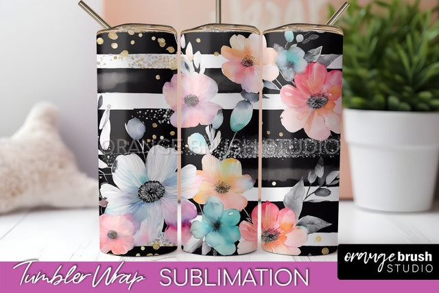Floral Tumbler Wrap - Pink Flowers Watercolor Tumbler PNG Sublimation OrangeBrushStudio 