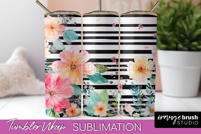 Floral Tumbler Wrap - Pink Flowers Watercolor Tumbler PNG Sublimation OrangeBrushStudio 