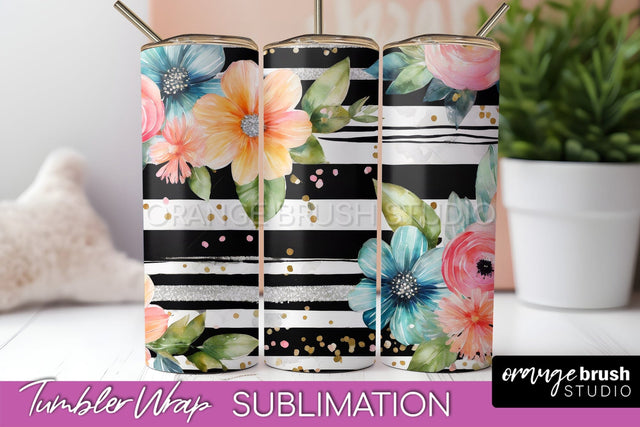 Floral Tumbler Wrap - Pink Flowers Watercolor Tumbler PNG Sublimation OrangeBrushStudio 