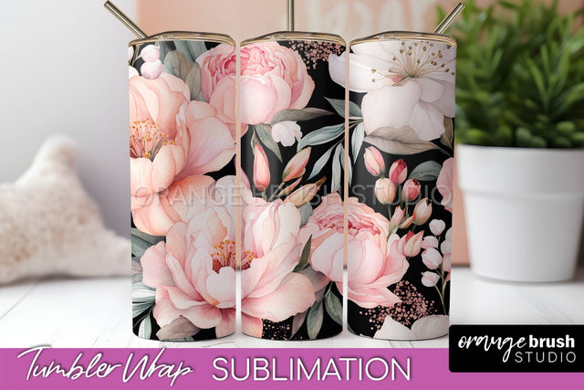 Floral Tumbler Wrap - Pink Flowers Watercolor Tumbler PNG Sublimation OrangeBrushStudio 