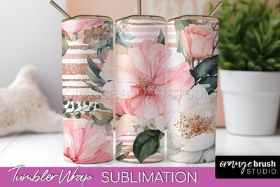 Floral Tumbler Wrap - Pink Flowers Watercolor Tumbler PNG Sublimation OrangeBrushStudio 