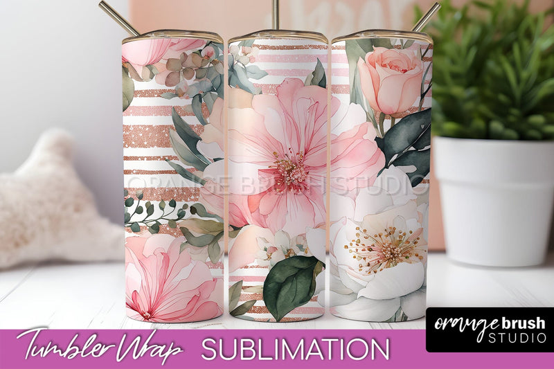 Floral Tumbler Wrap - Pink Flowers Watercolor Tumbler PNG Sublimation OrangeBrushStudio 