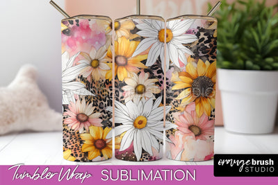 Floral Tumbler Wrap - Pink Flowers Watercolor Tumbler PNG Sublimation OrangeBrushStudio 