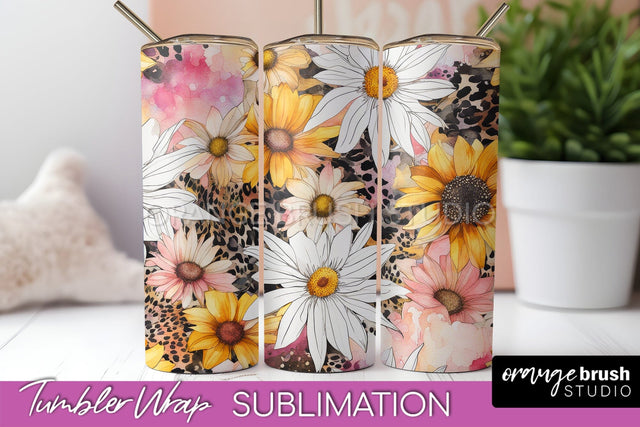 Floral Tumbler Wrap - Pink Flowers Watercolor Tumbler PNG Sublimation OrangeBrushStudio 