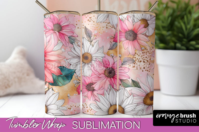 Floral Tumbler Wrap - Pink Flowers Watercolor Tumbler PNG Sublimation OrangeBrushStudio 