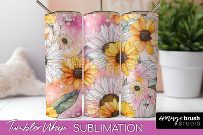 Floral Tumbler Wrap - Pink Flowers Watercolor Tumbler PNG Sublimation OrangeBrushStudio 