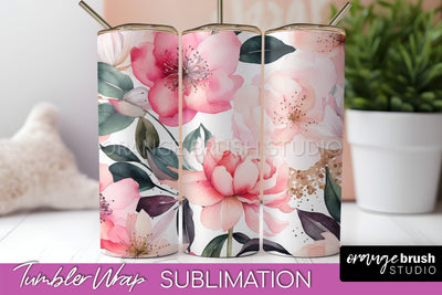 Floral Tumbler Wrap - Pink Flowers Watercolor Tumbler PNG Sublimation OrangeBrushStudio 