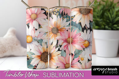 Floral Tumbler Wrap - Pink Flowers Watercolor Tumbler PNG Sublimation OrangeBrushStudio 