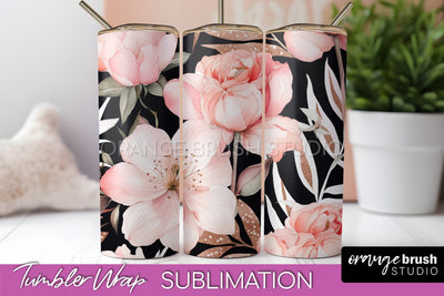 Floral Tumbler Wrap - Pink Flowers Watercolor Tumbler PNG Sublimation OrangeBrushStudio 