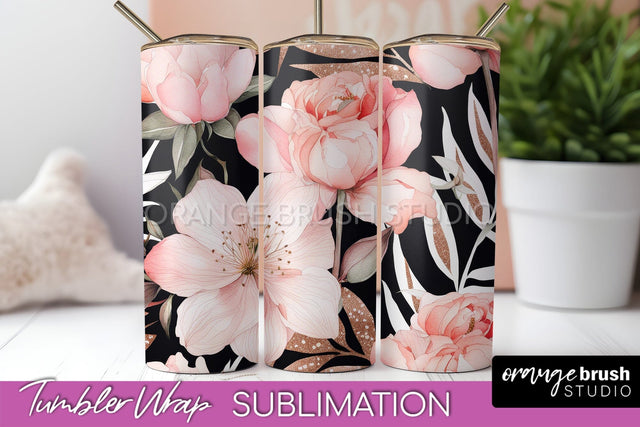 Floral Tumbler Wrap - Pink Flowers Watercolor Tumbler PNG Sublimation OrangeBrushStudio 