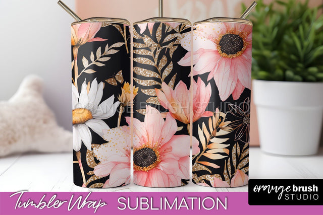 Floral Tumbler Wrap - Pink Flowers Watercolor Tumbler PNG Sublimation OrangeBrushStudio 