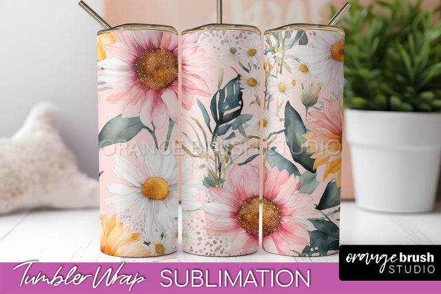 Floral Tumbler Wrap - Pink Flowers Watercolor Tumbler PNG Sublimation OrangeBrushStudio 
