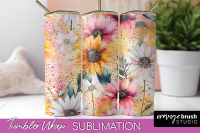 Floral Tumbler Wrap - Pink Flowers Watercolor Tumbler PNG Sublimation OrangeBrushStudio 