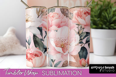 Floral Tumbler Wrap - Pink Flowers Watercolor Tumbler PNG Sublimation OrangeBrushStudio 