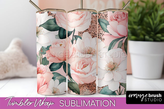 Floral Tumbler Wrap - Pink Flowers Watercolor Tumbler PNG Sublimation OrangeBrushStudio 