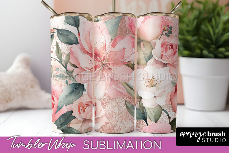 Floral Tumbler Wrap - Pink Flowers Watercolor Tumbler PNG Sublimation OrangeBrushStudio 