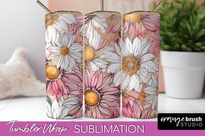 Floral Tumbler Wrap - Pink Flowers Watercolor Tumbler PNG Sublimation OrangeBrushStudio 
