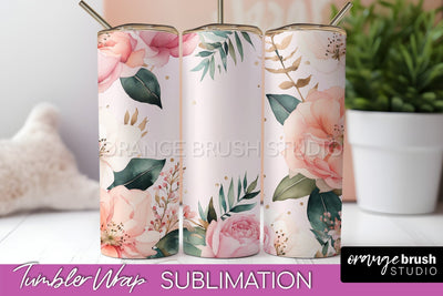 Floral Tumbler Wrap - Pink Flowers Watercolor Tumbler PNG Sublimation OrangeBrushStudio 