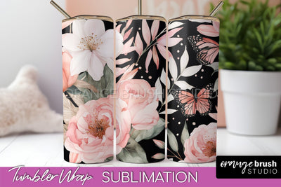Floral Tumbler Wrap - Pink Flowers Watercolor Tumbler PNG Sublimation OrangeBrushStudio 