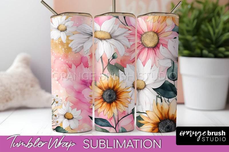 Floral Tumbler Wrap - Pink Flowers Watercolor Tumbler PNG Sublimation OrangeBrushStudio 