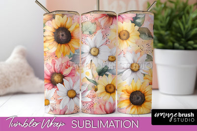 Floral Tumbler Wrap - Pink Flowers Watercolor Tumbler PNG Sublimation OrangeBrushStudio 