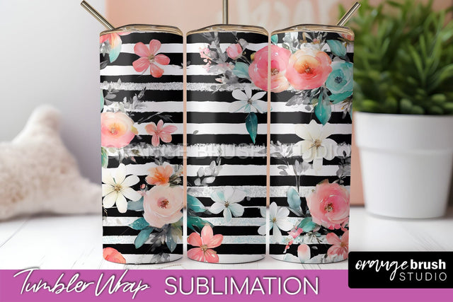 Floral Tumbler Wrap - Pink Flowers Watercolor Tumbler PNG Sublimation OrangeBrushStudio 