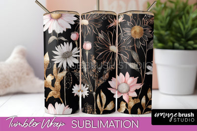 Floral Tumbler Wrap - Pink Flowers Watercolor Tumbler PNG Sublimation OrangeBrushStudio 