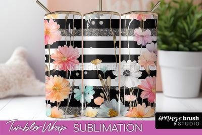Floral Tumbler Wrap - Pink Flowers Watercolor Tumbler PNG Sublimation OrangeBrushStudio 