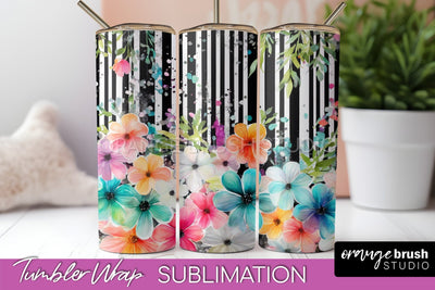 Floral Tumbler Wrap - Pink Flowers Watercolor Tumbler PNG Sublimation OrangeBrushStudio 