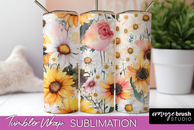 Floral Tumbler Wrap - Pink Flowers Watercolor Tumbler PNG Sublimation OrangeBrushStudio 
