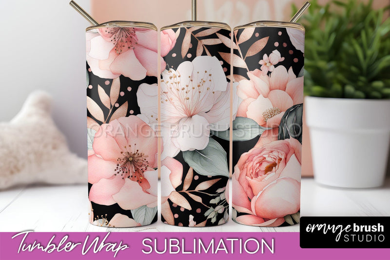 Floral Tumbler Wrap - Pink Flowers Watercolor Tumbler PNG Sublimation OrangeBrushStudio 