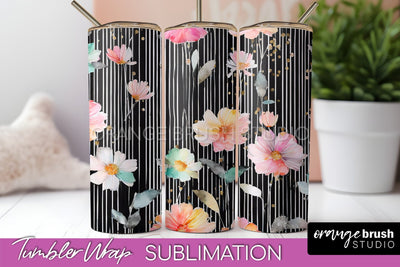 Floral Tumbler Wrap - Pink Flowers Watercolor Tumbler PNG Sublimation OrangeBrushStudio 