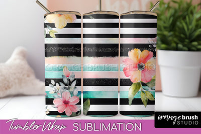 Floral Tumbler Wrap - Pink Flowers Watercolor Tumbler PNG Sublimation OrangeBrushStudio 