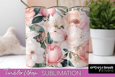 Floral Tumbler Wrap - Pink Flowers Watercolor Tumbler PNG Sublimation OrangeBrushStudio 