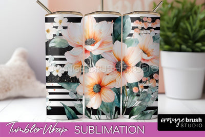Floral Tumbler Wrap - Pink Flowers Watercolor Tumbler PNG Sublimation OrangeBrushStudio 