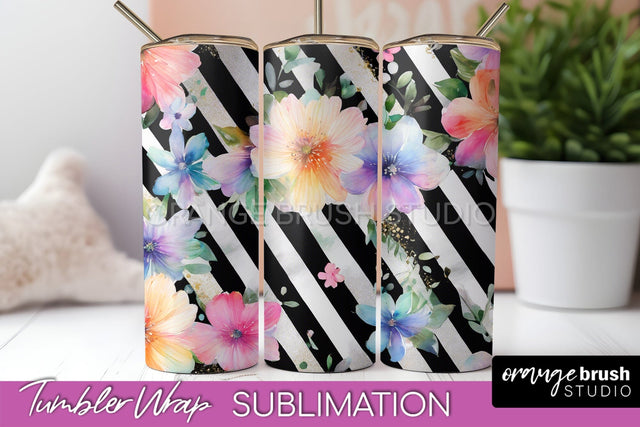 Floral Tumbler Wrap - Pink Flowers Watercolor Tumbler PNG Sublimation OrangeBrushStudio 