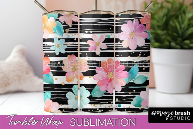 Floral Tumbler Wrap - Pink Flowers Watercolor Tumbler PNG Sublimation OrangeBrushStudio 
