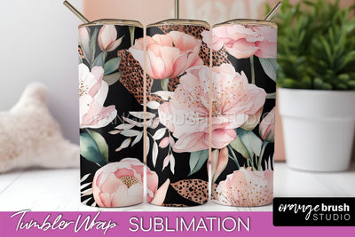 Floral Tumbler Wrap - Pink Flowers Watercolor Tumbler PNG Sublimation OrangeBrushStudio 