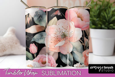 Floral Tumbler Wrap - Pink Flowers Watercolor Tumbler PNG Sublimation OrangeBrushStudio 